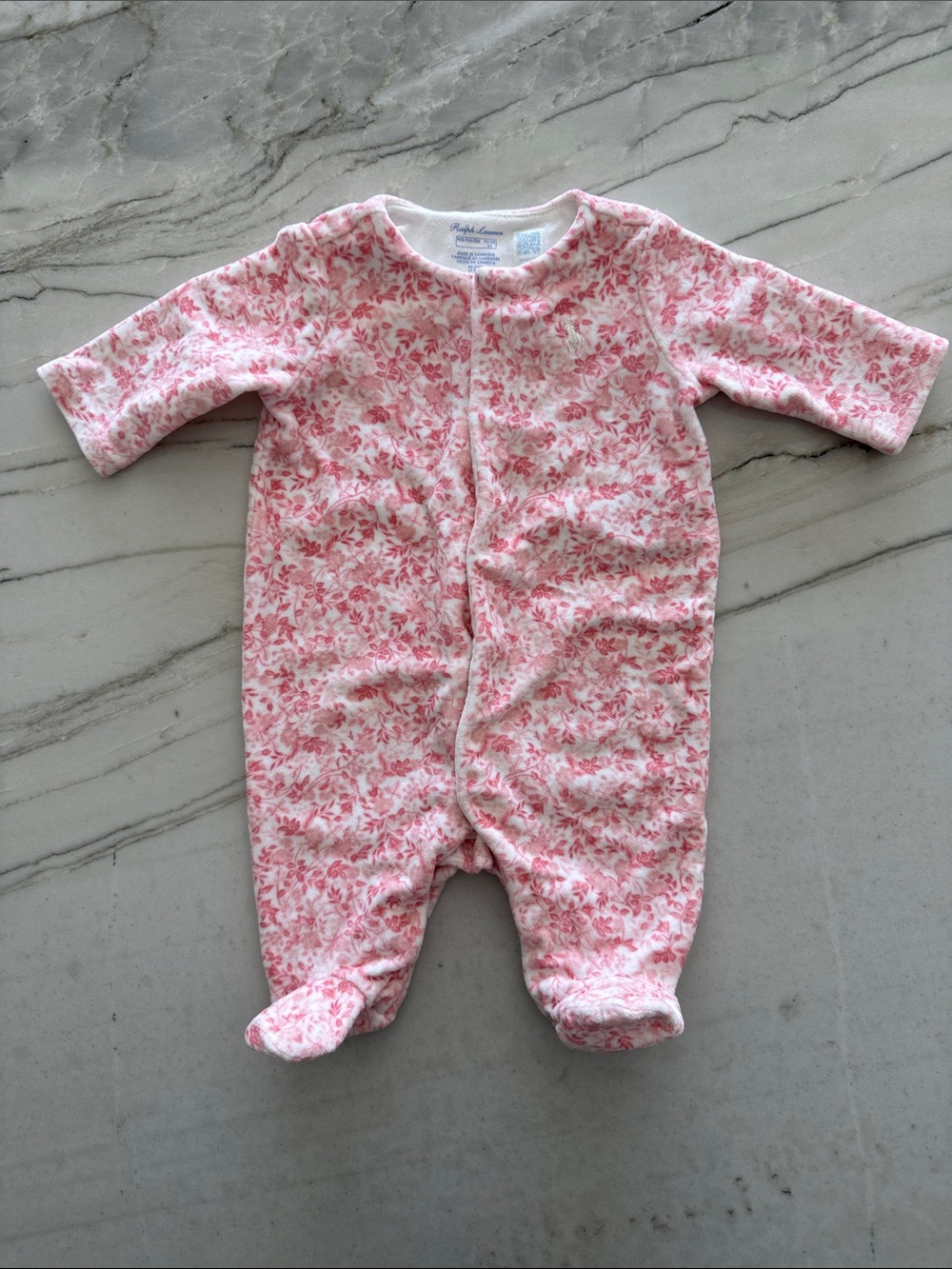 Ralph Lauren Velour Pink Floral Footed Baby One-Piece